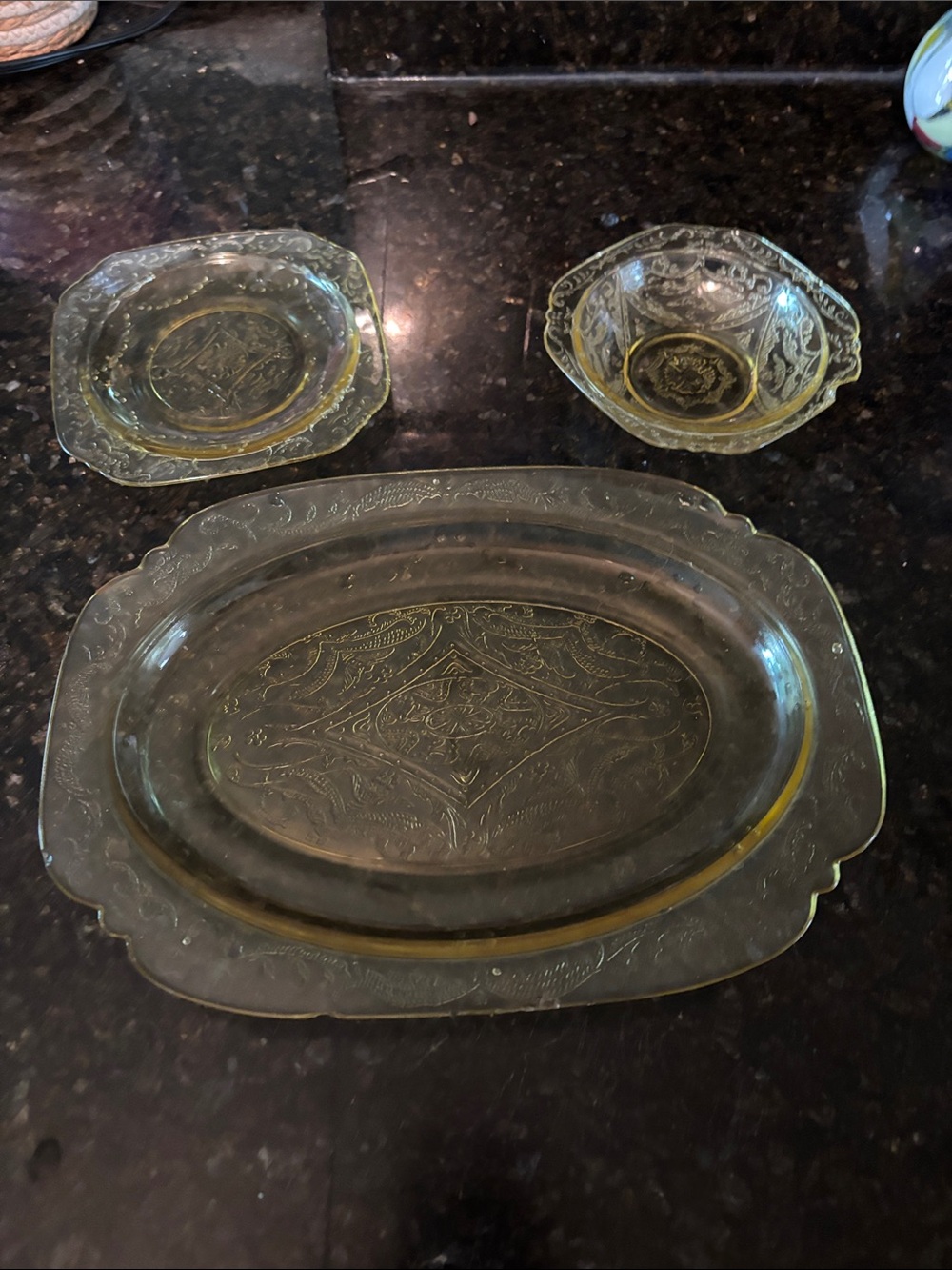 Vintage Amber Pressed Glass Serving Platter, plate & Bowl Set